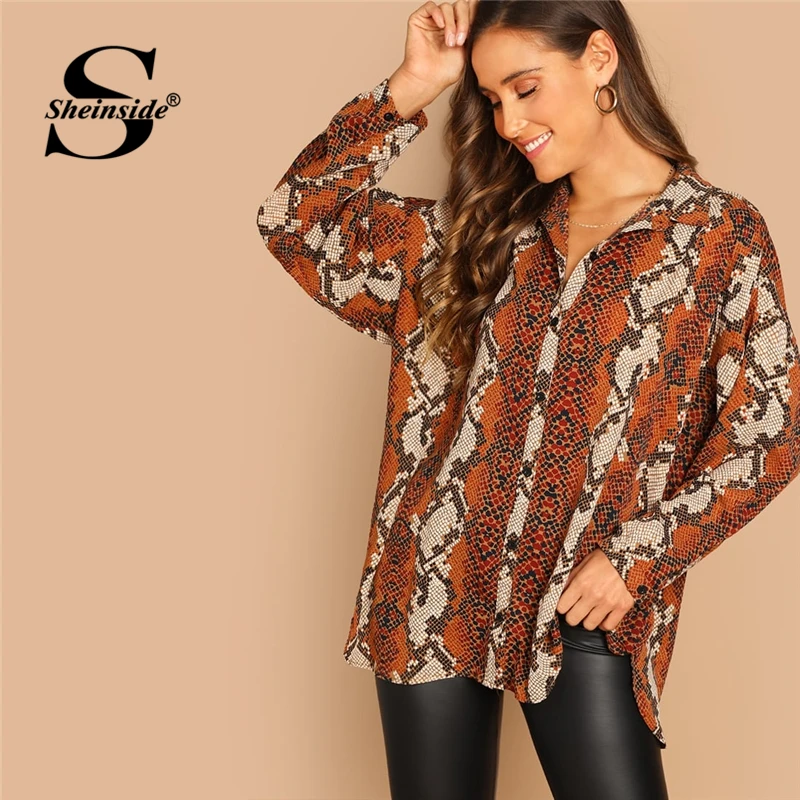 

Sheinside Oversized Snake Print Women Blouse Shirt 2019 Autumn Long Sleeve Top Female OL Work Casual Womens Tops And Blouses