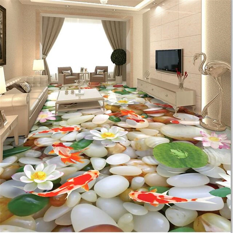 

beibehang Custom floor painting 3d pebbles three-dimensional lotus carp floor decorative painting drawing room 3d flooring
