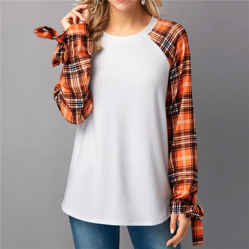 Casual T Shirt Women 2018 Spring Plaid Shirts Patchwork Bow Long Sleeve Tops Tee Femme Blusas Camiseta Mujer | Женская одежда