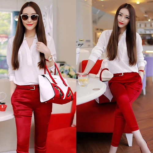 Casual V neck White Shirt Red Pants Ladies Suit Cropped Trousers|suit brush|shirt year 4suit school - AliExpress