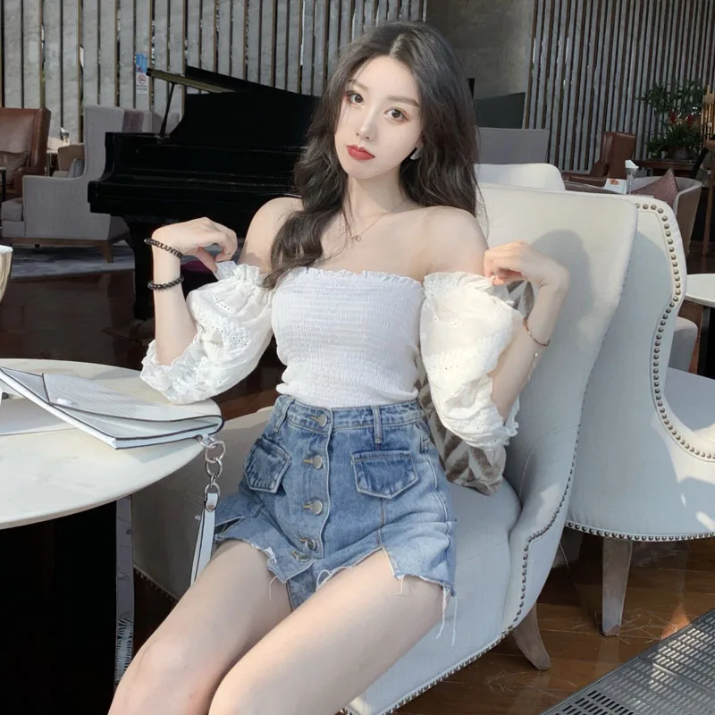 

MYDC 2 Piece Women Sets 2019 Slash Neck Puff Sleeve Ruffles Lady Sexy Tops High Waist Mini A-lien Denim Shorts Female Sets