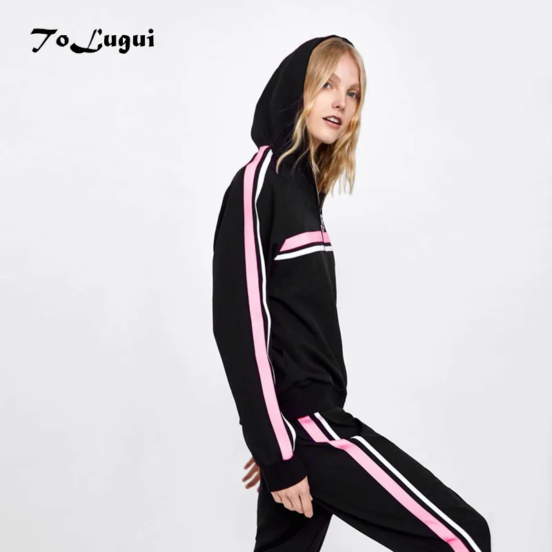 

ToLugui New Women 2 Pieces Sets Autumn Pink White Stripe Sweatshirt Hoodies Pilot jacket and Jogging Femme Tracksuits Set