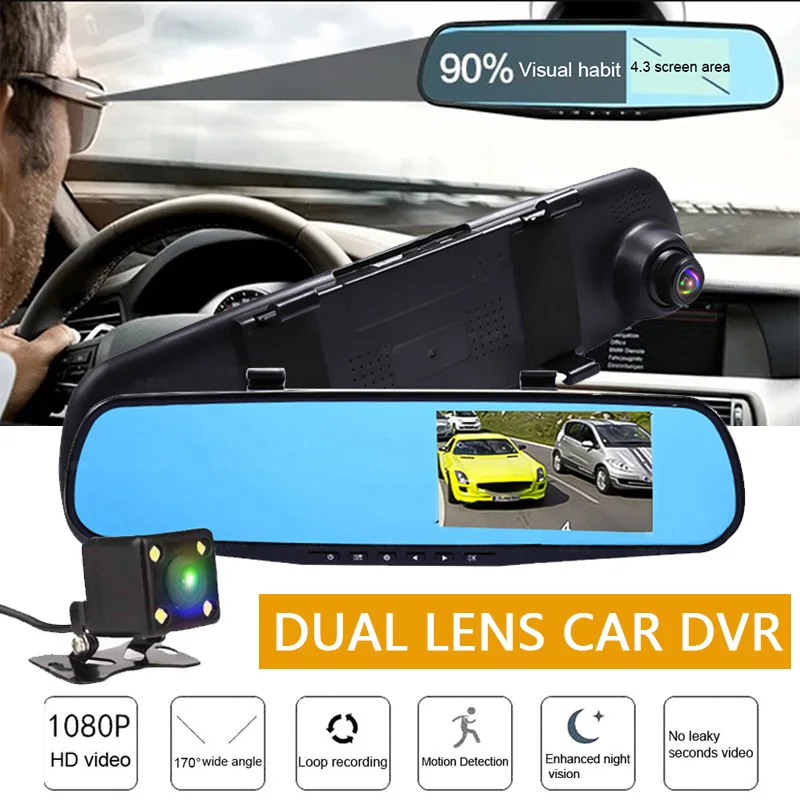 

TOSPRA 4.3 Inch Car DVR Camera Dual Lens Video Rear View Mirror Auto Full HD 1080P Driving Recorder Night Vision Dash Cam