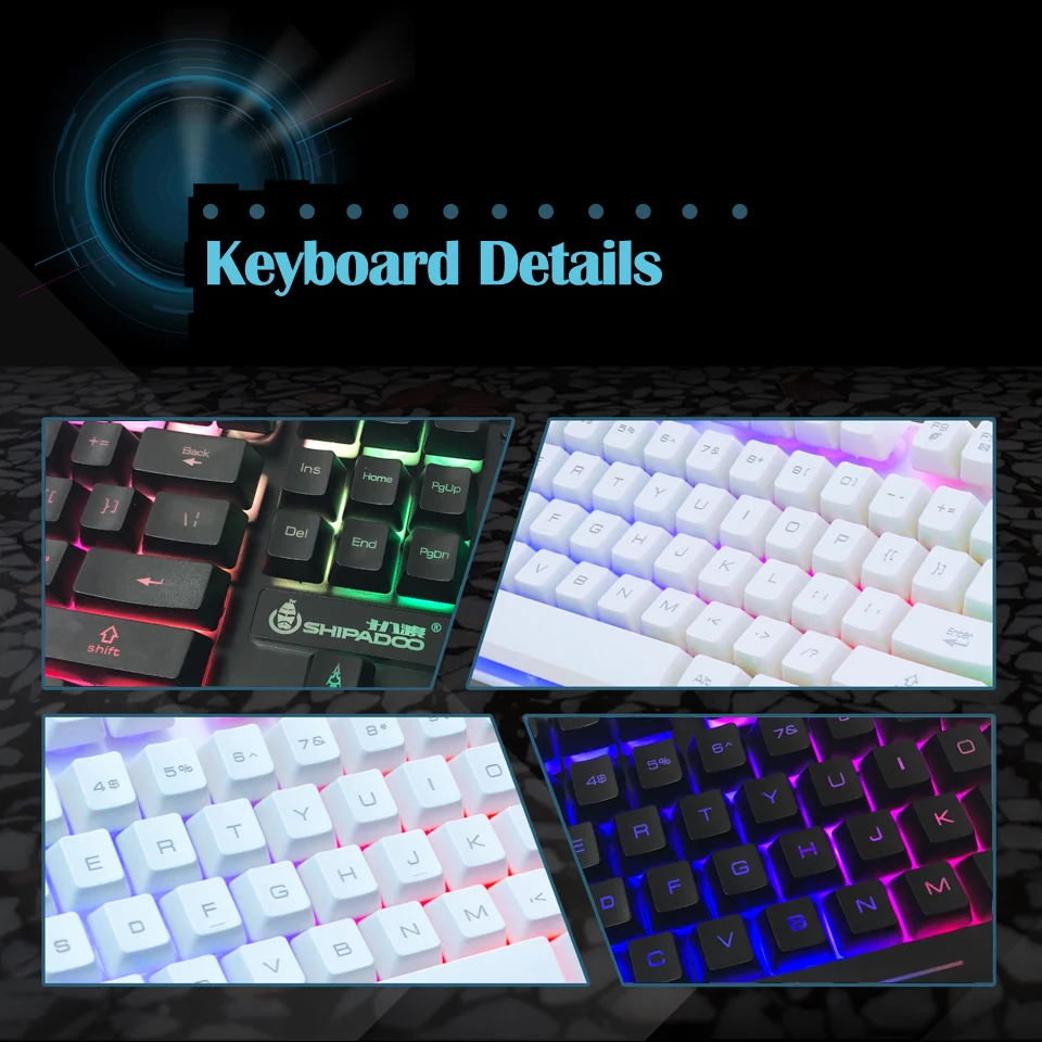 Goede K500 USB Bedrade Gaming Toetsenbord Standaard 104 Toetsen Ergonomisch Multimedia Toetsenbord Regenboog LED Backlight met Russische Sticker