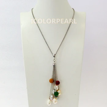 

WEICOLOR 40-45+cm 8-9mm Round Stones And Waterdrop Multicolor Natural Freshwater Pearl On Silver Plated Chain( won't lose color)