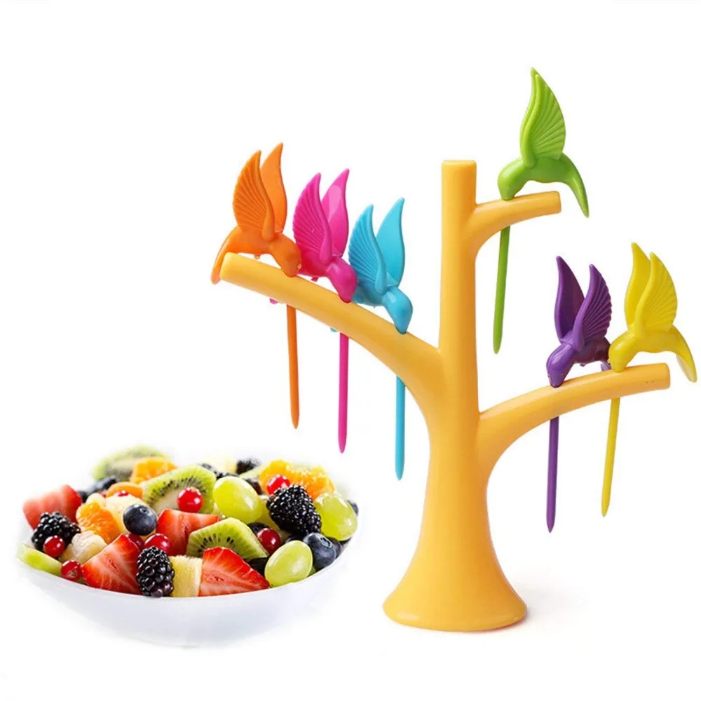 

6 pcs +1 Stand Birds Tree Shape Fruits Fork Plastic Vegetable Fork Fruit Snack Dessert Forks Holder For Party