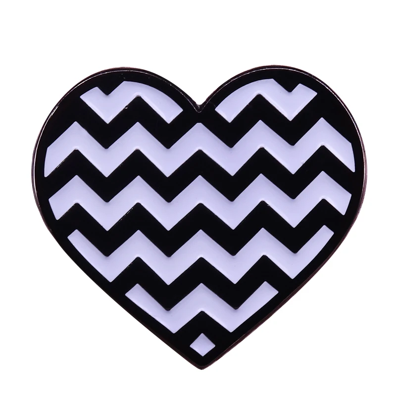 

Twin peaks collar pin black and white zig zag brooch heart shape art badge David Lynch movie fans jewelry