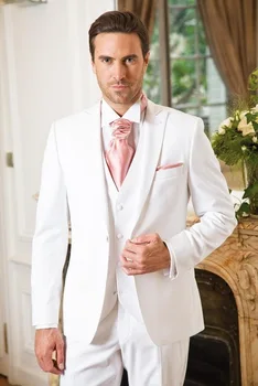 

2017 White Wedding Suits For Men Tailored Peaked Lapel Grooms Tuxedos 3 Piece Groomsmen Suits For Wedding(Jacket+Pants+Vest+Tie)