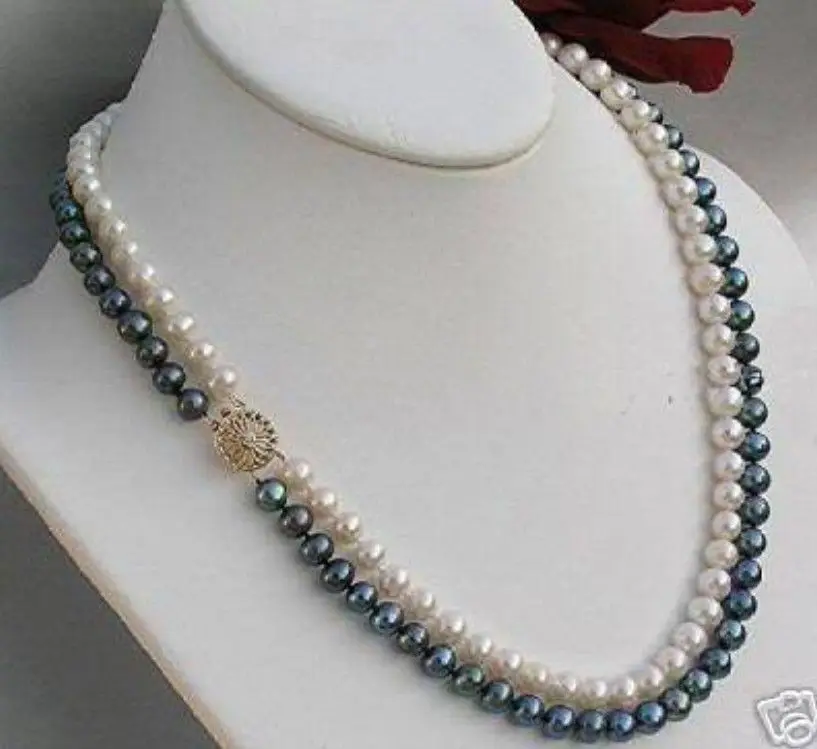 

FREE SHIPPING HOT sell new Style >>>>WHOLESA 2 ROW CHARMING 8-9MM AKOYA WHITE BLACK PEARL NECKLACE 17''18''