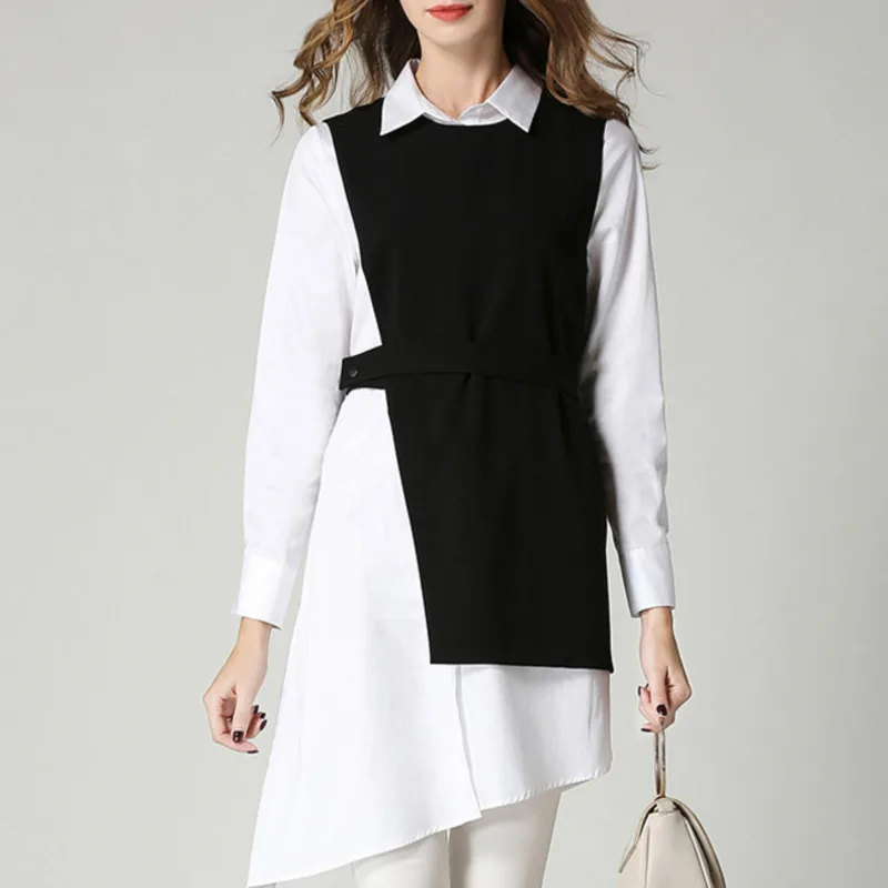 

LANMREM 2019 Autumn New Casual Fashion Temperament Women Loose Plus Lapel Irregular Fake Two Long Sleeve Dress TC700