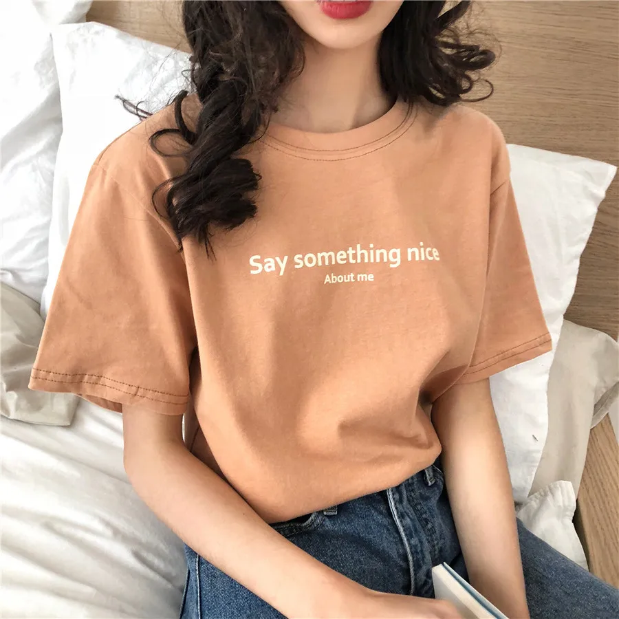

2019 Early Summer New Korean Edition Embroidery Alphabet Loose Skinny Round Collar Sleeve Short Sleeve T-shirt Tide Women