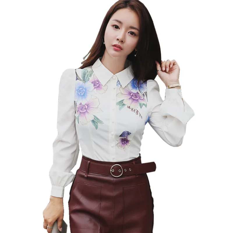 

Flower Print White Shirt Women 2018 Korean Spring Autumn Business Work Office Blouse Long Sleeve Custom Fit Slim OL Ladies Tops