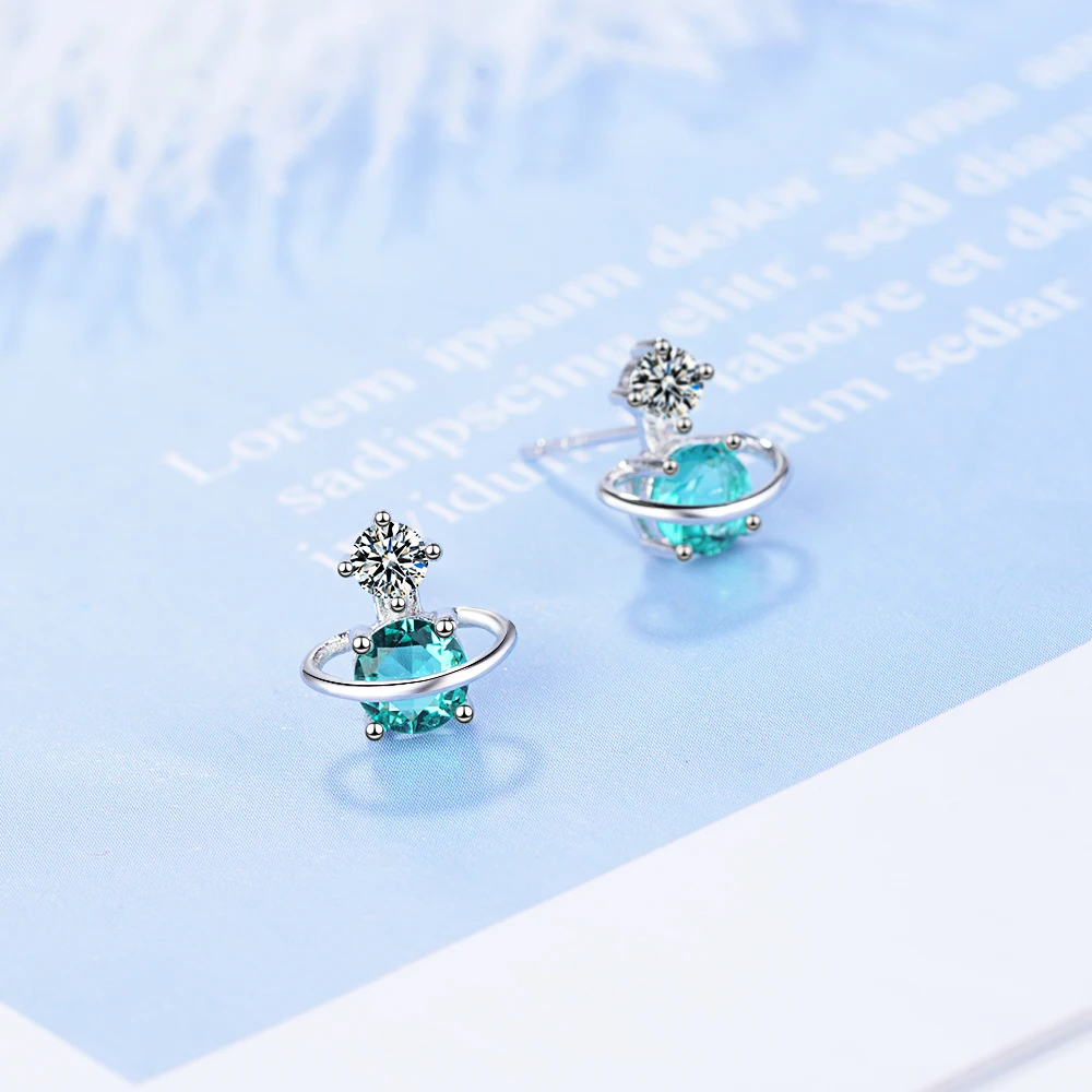 

Genuine 100% 925 Sterling Silver Luminous Clear CZ Saturn Stud Earrings Fashion Gold Color Women Silver Earrings