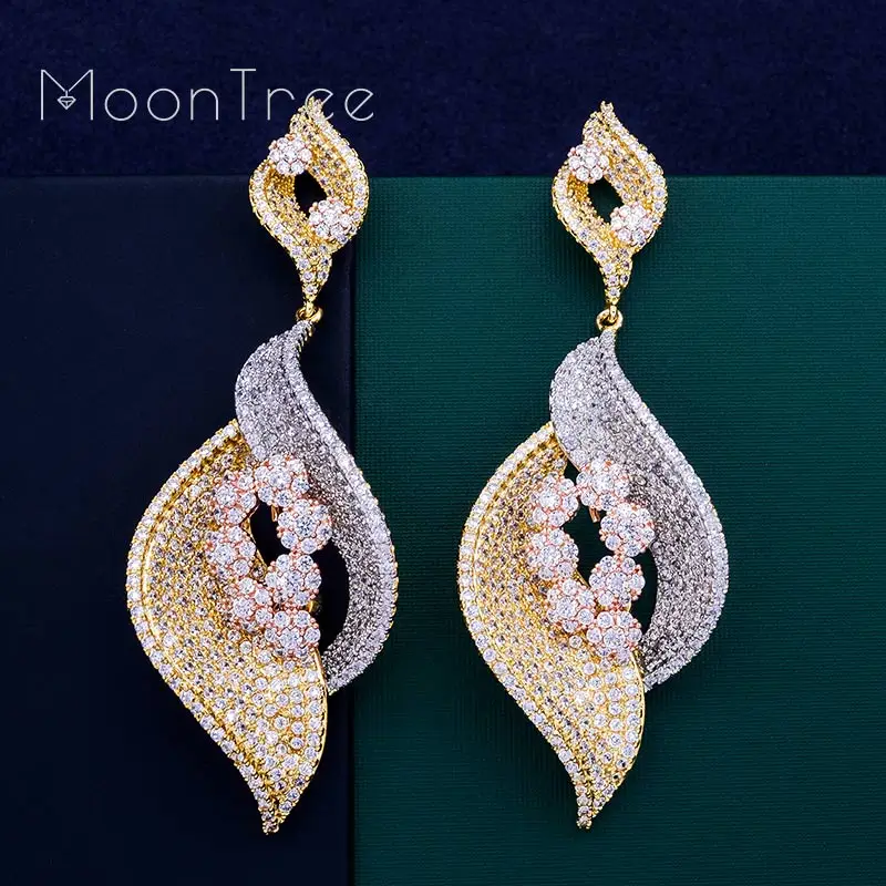 

MoonTree Fashion Luxury Three Colors Leaves Shape Full Micro Cubic Zirconia Paved Wedding Party Jewelry Earring for Women