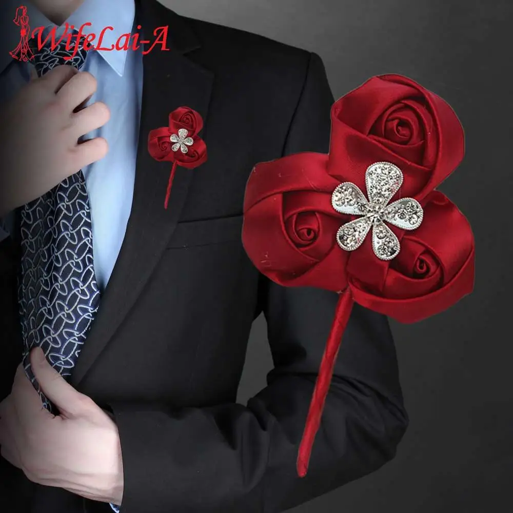 

5piece/lot Burgundy Rose Ceremony Flower Brooch Wedding Groom Groomsmen boutonniere Artificial Flowers Corsage Wedding XH32-H