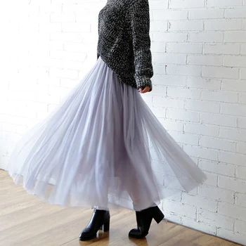OHRYIYIE 2022 Autumn Winter Vintage Tulle Skirt Women Elastic High Waist Mesh Skirts Long Pleated Tutu Skirt Female Jupe Longue 2