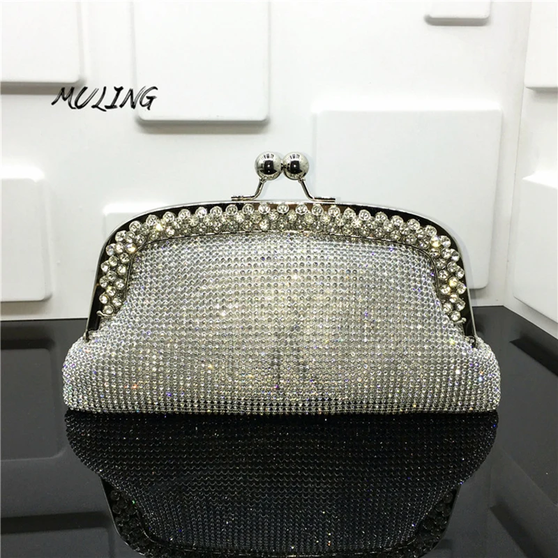 

New Diamonds Chain Evening Bag Black Silver Gold Wedding Bags For Bride Women Messenger Party Handbag Elegant rhinestone Clutch