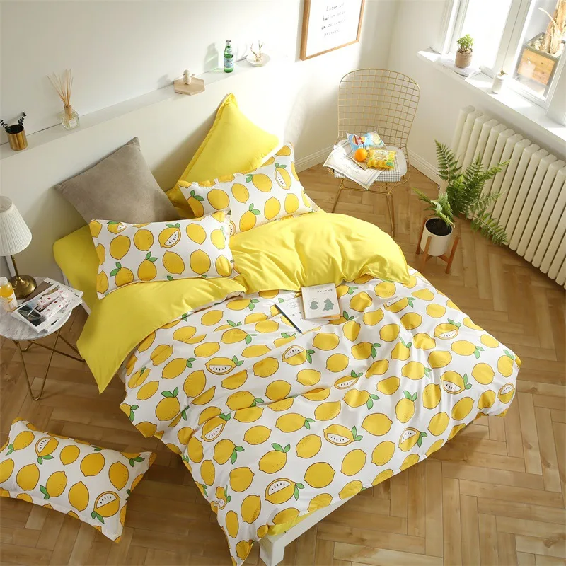 

Refreshing lemon watermelon fruit 4/3pc luxury Bedding Set cotton Duvet Cover + Flat Bed Sheet +Pillowcase Home Textile bedcloth