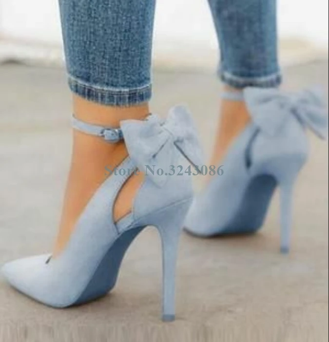 Zapatos de tacón alto con nudo de mariposa para mujer, calzado de vestir,  de ante, azul cielo, fino, con hebilla y correa de tacón de aguja,  informales, de verano|Zapatos de tacón de
