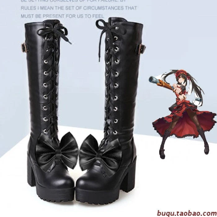 

Womens Bow Cosplay Knee High Boots Laceu Up Platform Goth Punk Combat Military Boots Block Heel Lolita Black Shoes A98