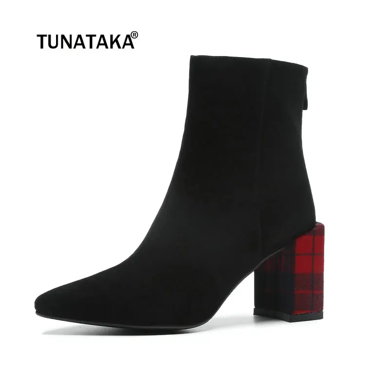 

Ladies Suede Thick High Heel Ankle Boots Fashion Side Zipper Boots Women Pointed Toe Fall Winter Shoes Black