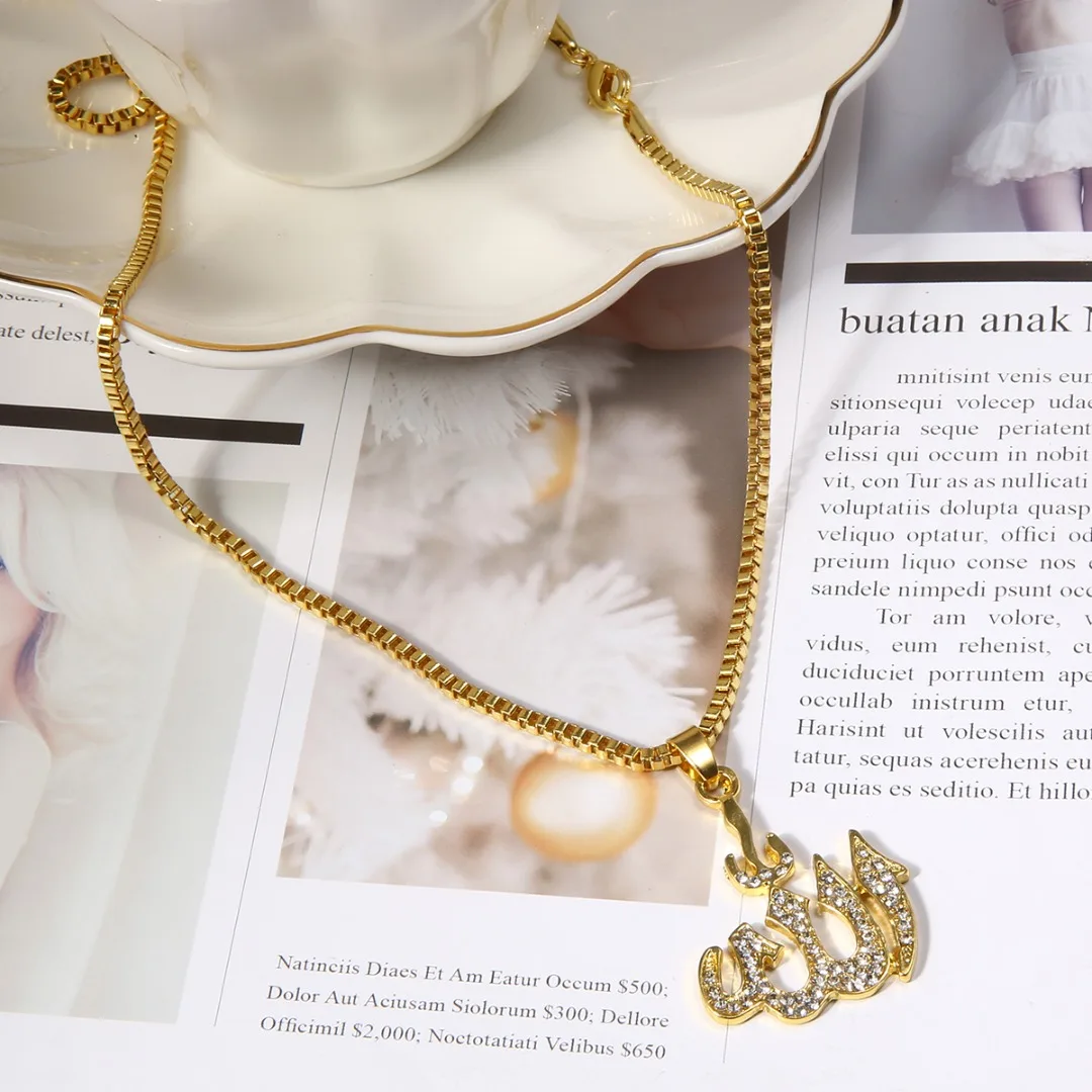 Gold Silver Color Muslim Islam Necklaces for Men Women Iced Out CZ Crystal Allah Necklace&Pendant Religious Long Chain Jewelry