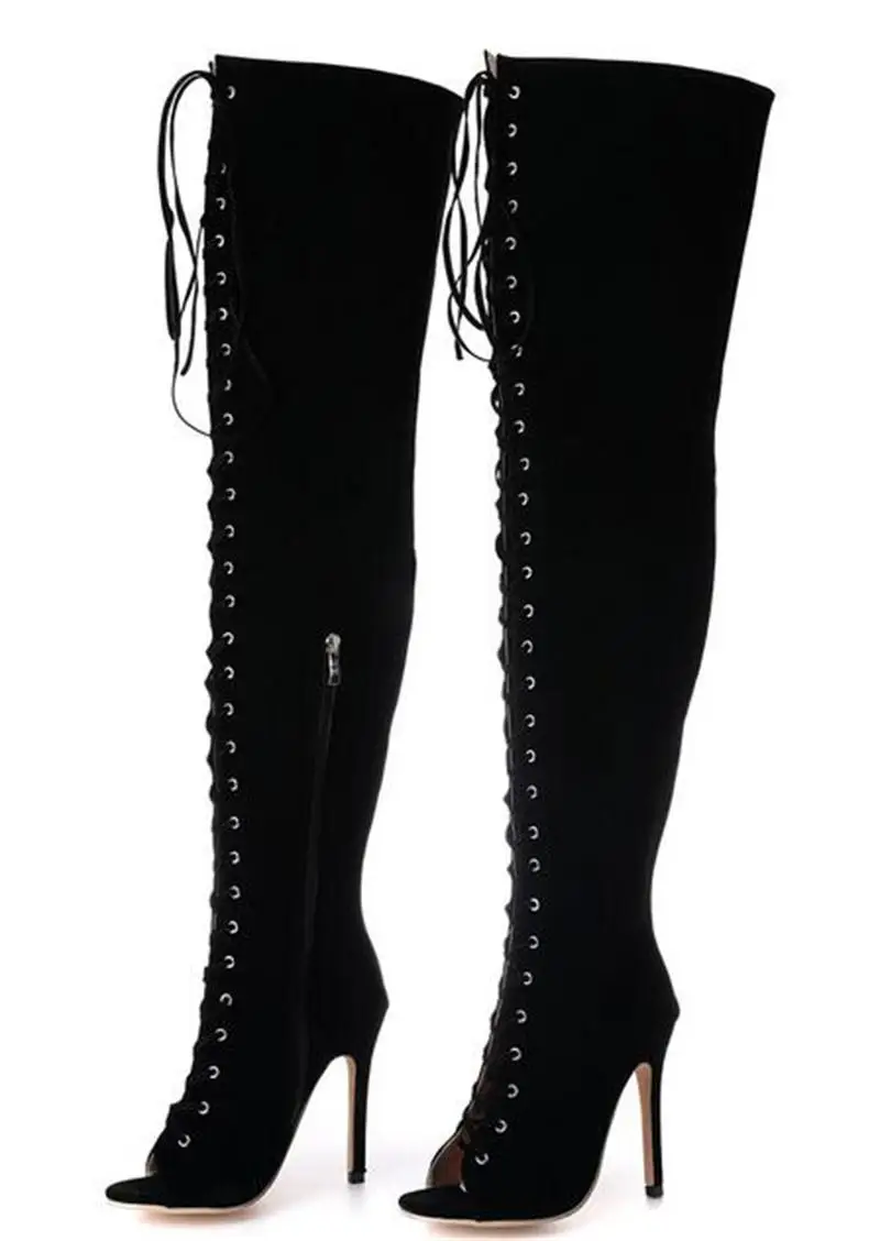 DiJiGirls/сапоги-гладиаторы выше колена на высоком каблуке; женские босоножки на шнуровке с открытым носком; Клубные вечерние туфли; мотоциклетные женские ботинки - Цвет: Черный