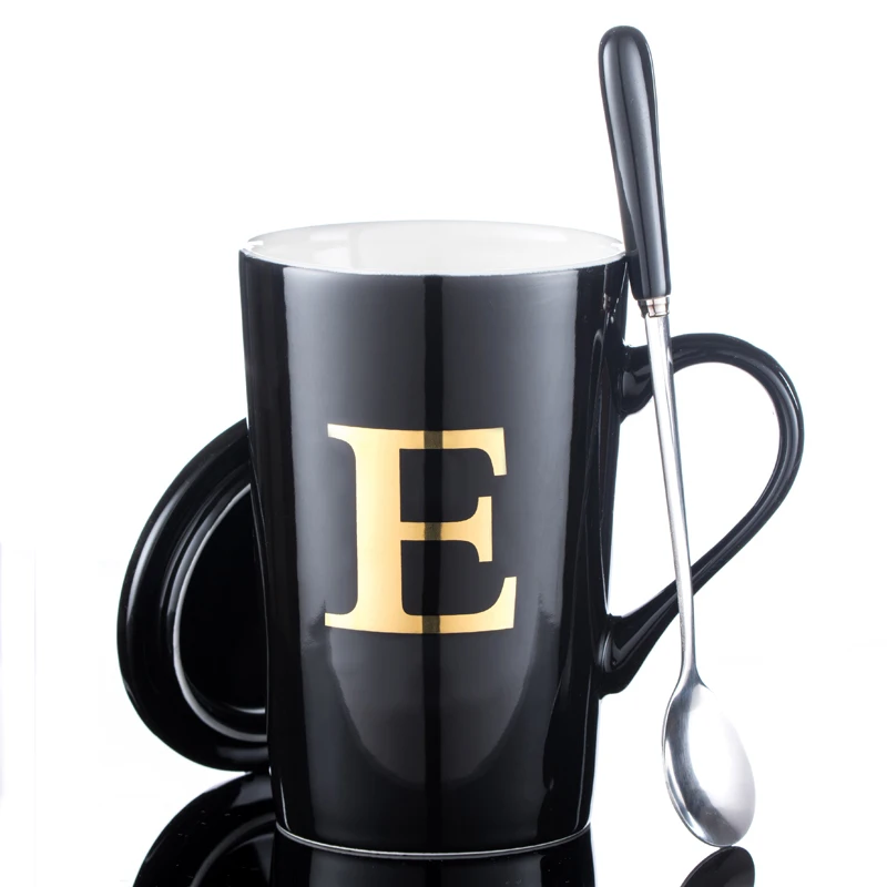 SPSCO 12 унций креативная керамическая кофейная кружка чайная чашка костяного фарфора с золотой росписью с крышкой и ложкой - Цвет: E-Black