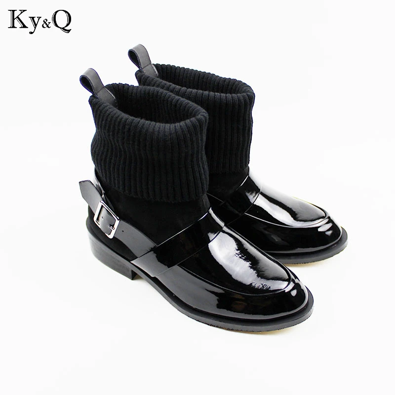 

Brands Low Heel High Quality Black Shoes Ankle Flat Knit Fall Brand Women Winter Boots Genuine Leather Autumn Booties New