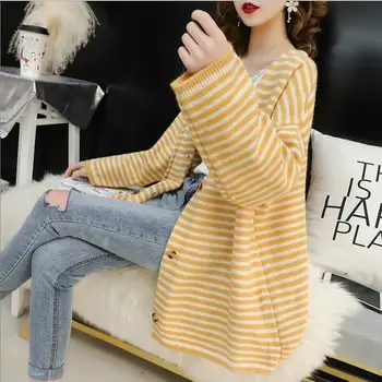 

2020 Autumn Women's New Sweater Korean Version Of The Loose Striped Sweater Cardigan Long-sleeved V-neck Versatile Jacket