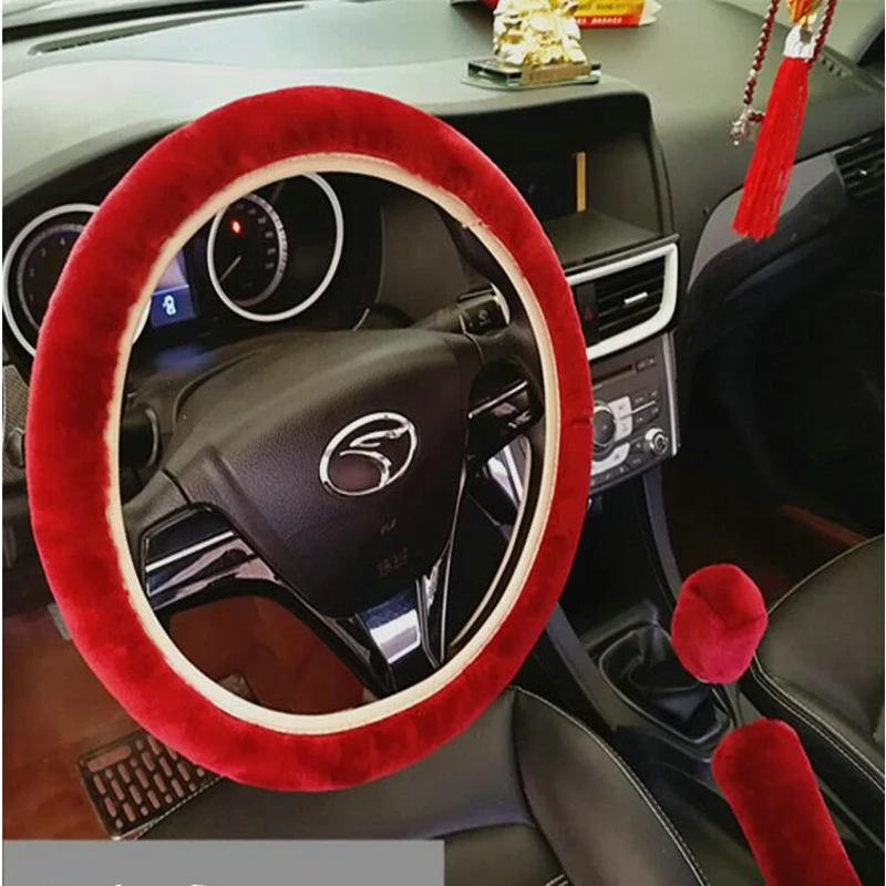 

3pcs/1set Wool Plush Warm Steering-Wheel Cover Car Fur Car Steering Wheel Cover Sets Spring Fur Handle Sleeves Winter Supplies