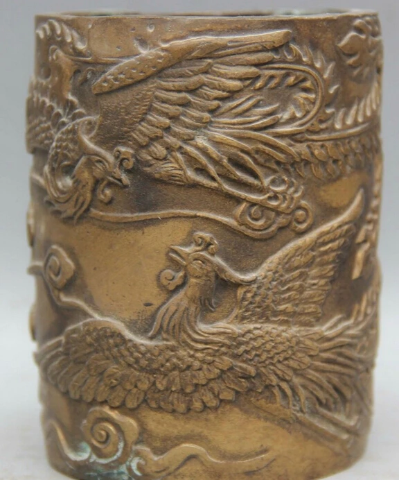 

JP S0524 4 Chinese Palace Copper Two Fenghuang phoenix bird Brush Pot pencil vase