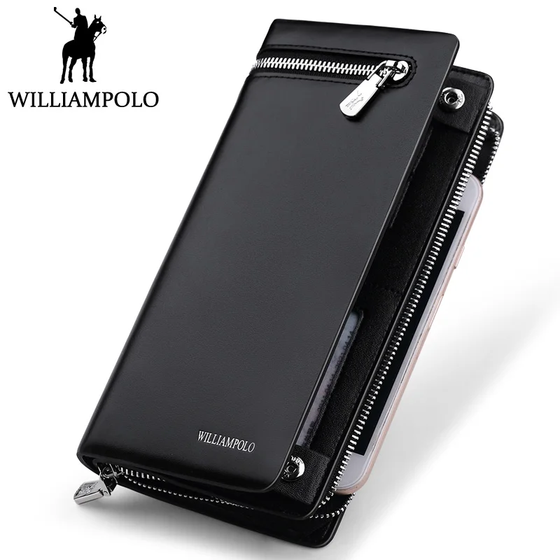

WILLIAMPOLO 2018 Men Wallet Long Genuine Leather Clutch Wallet Male Purse Handy Zippy Clutch Bag Black Brown Zipper Wallet Gift