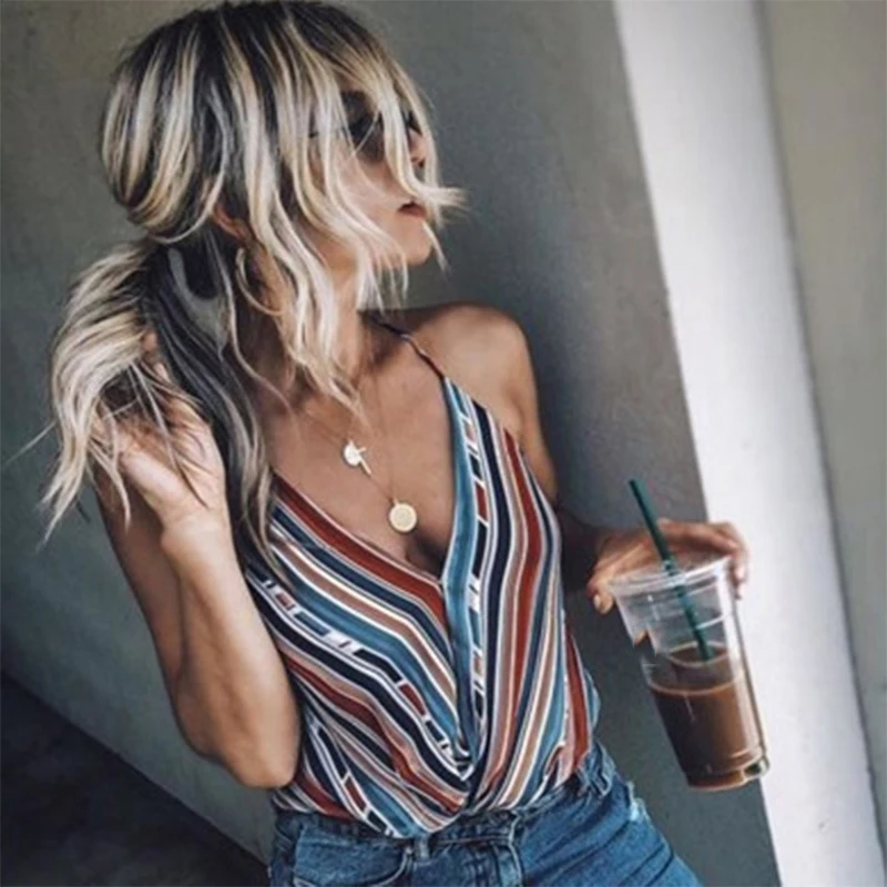 

Vintage Summer Lady Blouse Vest Shirt 2019 Sexy Backless Striped Print Ladies V-neck Female Blusas Plus Size Womens Tops Blouses