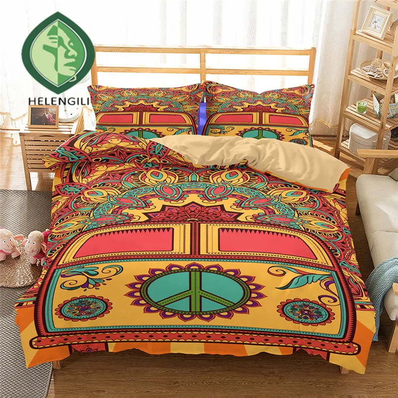 HELENGILI 3D Bedding Set Peace Hippie Print Duvet cover set lifelike