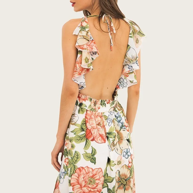 

Beach Dress Deep V-neck Printed Bohemian Flounce Holiday Dress Lady Ankle-Length Summer Women Backless Sexy Bandage Clothing