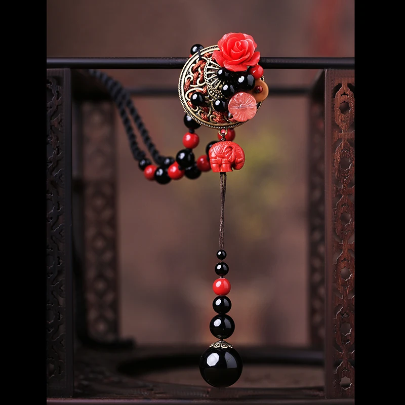 

Retro Necklace Ethnic Style Ornament Red Long Sweater Chain Lady Pendant Rose Pendant Free Shipping