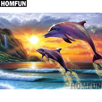 

HOMFUN Full Square/Round Drill 5D DIY Diamond Painting "Dolphin couple" 3D Embroidery Cross Stitch 5D Home Decor A00827