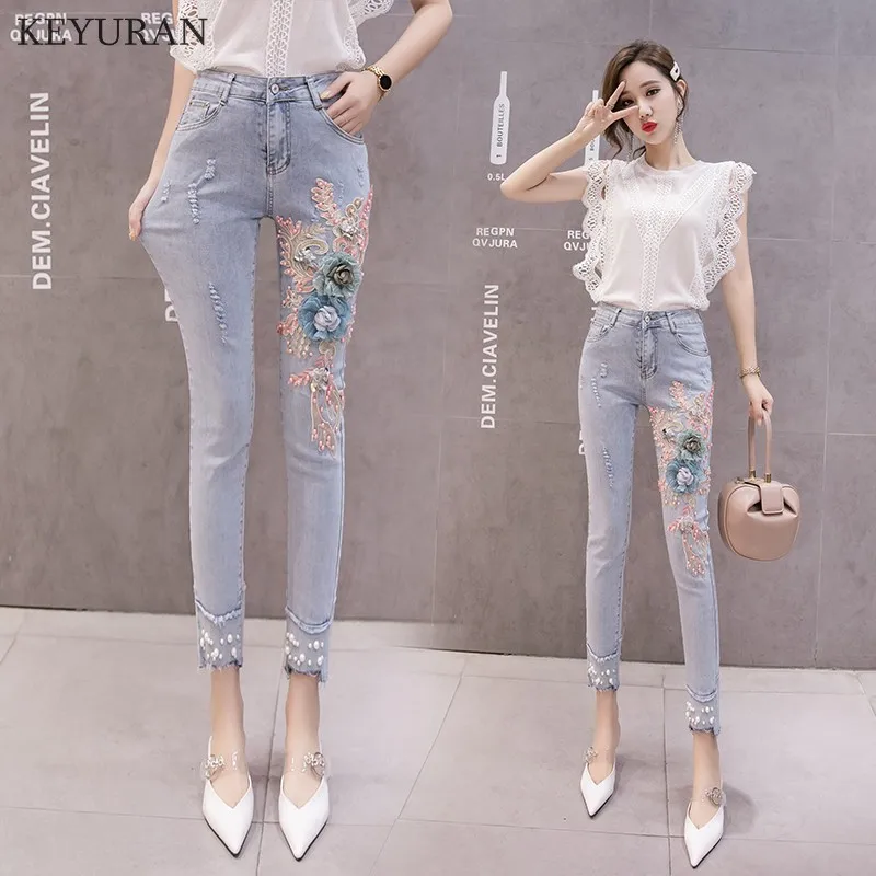 

Woman Ripped Elastic Skinny Jeans Female Beading 3D Floral High Waist Embroidery Stretch Slim Jeans Women's Pencil Denim Pants