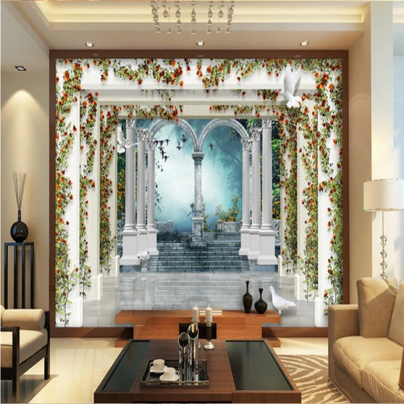 Roman column garden rose papel de parede 3D Wallpaper 3D Landscape Background Mural for Living Room Large Painting Home Decor