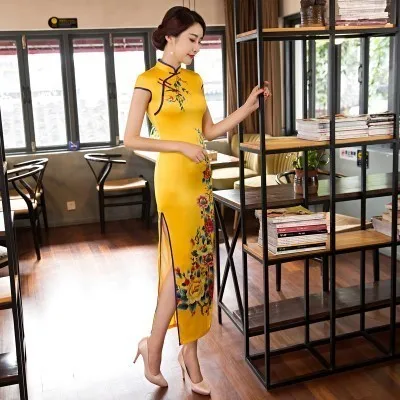SHENG COCO леди желтый вечернее Ципао платья Длинные атласные Qipao женские печатные банкетные вечернее платье, пикантное платье ориентированное желтый - Цвет: yellow qipao