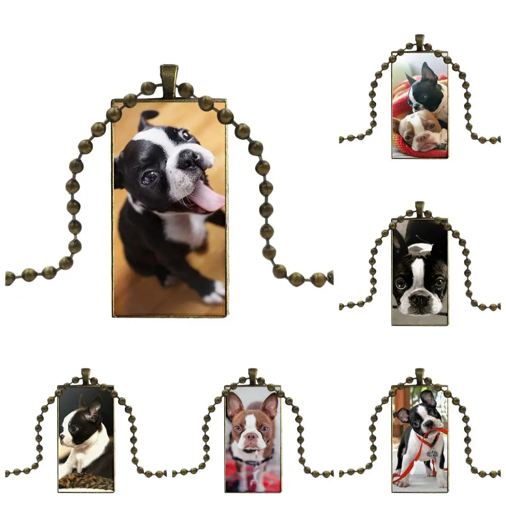 

EJ Glaze Necklace Fashion Long Chain With Rectangle Necklace Jewelry For Women Kids Gift I Love My Boston Terrier Dog Puppies