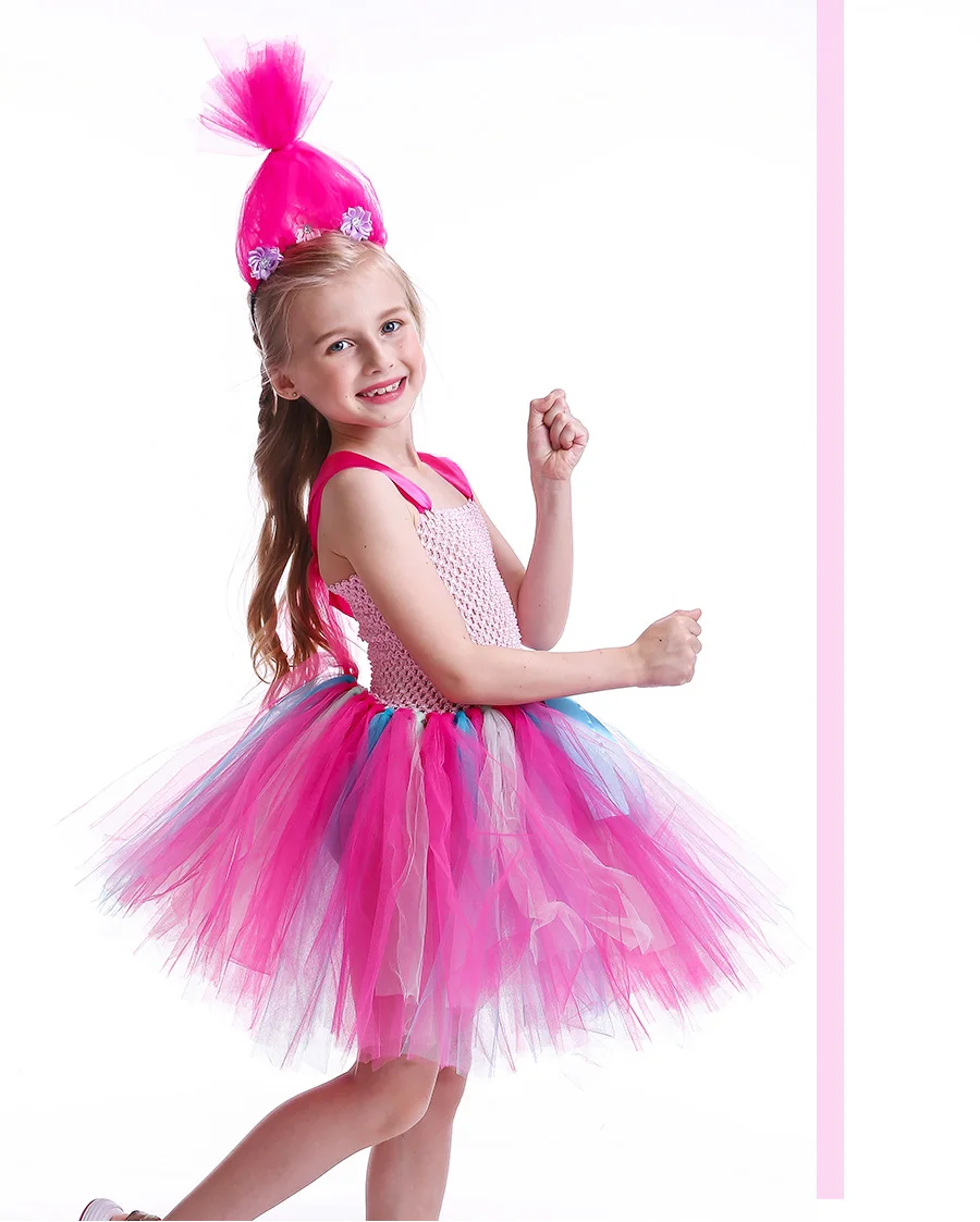 Girls Trolls Poppy Halloween Costume Hot Pink Kids Trolls Tutu Dress with Headband Children Birthday Party Princess (5)