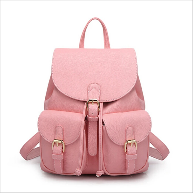 2016 New Women Leather Backpack Black Bolsas Mochila Feminina Large Girl Schoolbag Travel Bag Solid Candy Color Green Pink Beige