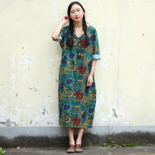 Винтажное женское платье из хлопка и льна с рукавом три четверти и v-образным вырезом размера плюс, новинка, Осеннее женское платье