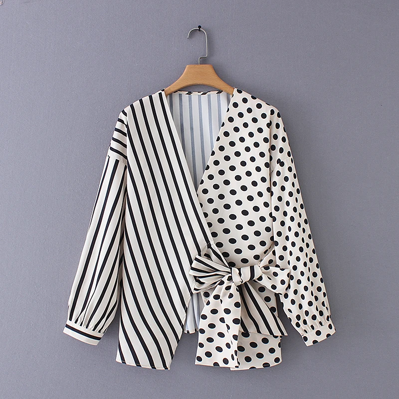 

women cross v neck polka dot print patchwork stripe smock blouse shirts women bow sashes kimono blusas chic chemise tops LS3515