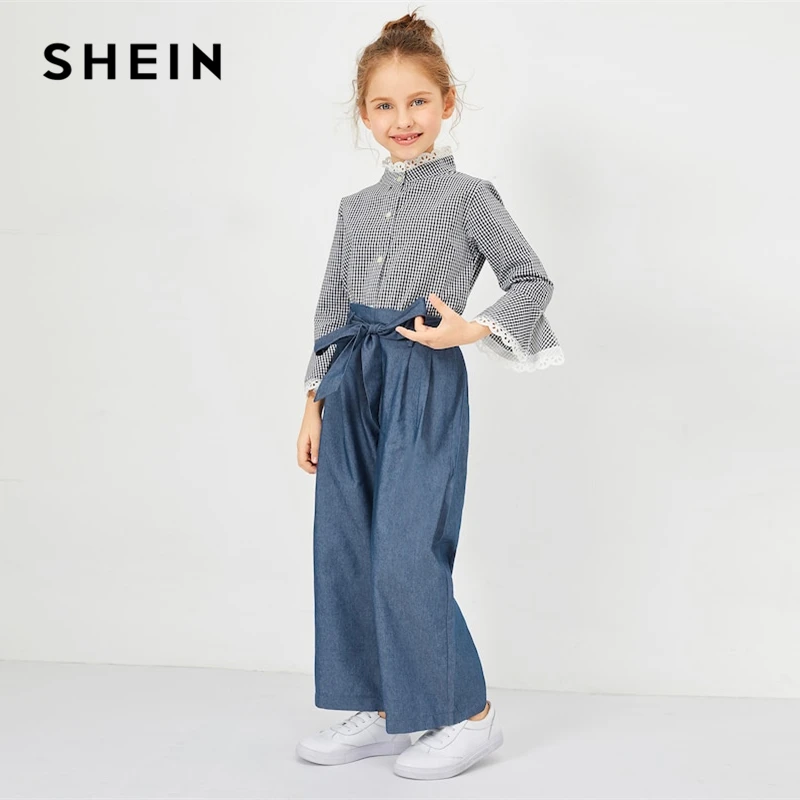 SHEIN Kiddie Blue/Элегантные штаны с эластичной резинкой на талии и поясом для девочек; коллекция года; сезон весна; Модные Винтажные брюки; брюки для девочек; детская одежда