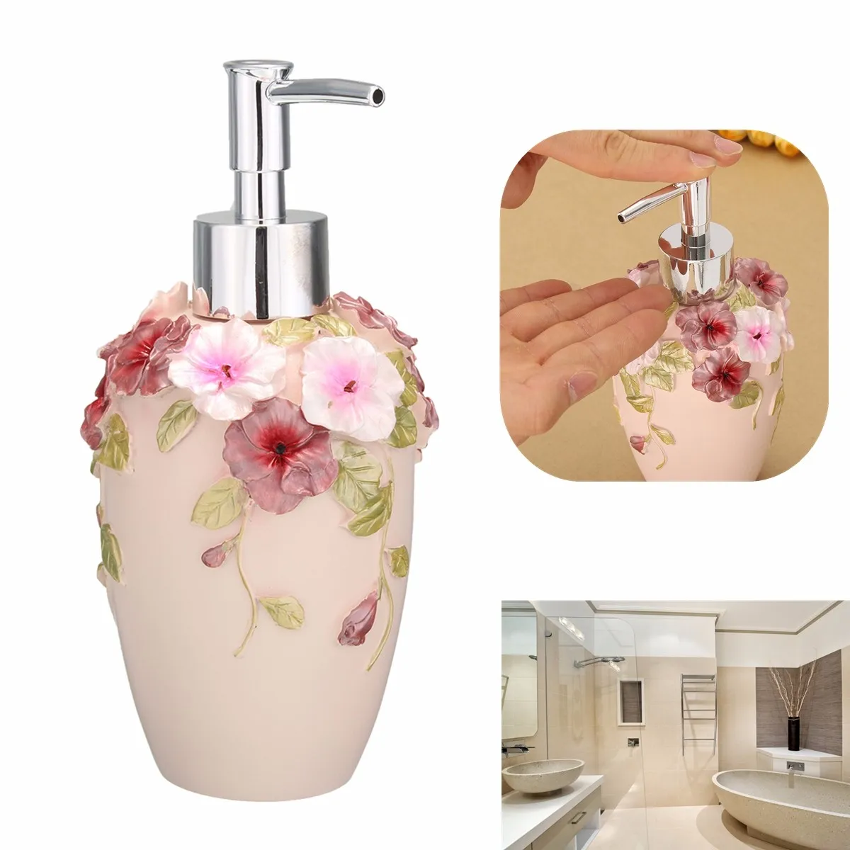 

350ml Exquisite Flower Resin Carve Hand Pump Liquid Soap Dispenser Lotion Shampoo Bottle Dispenser for Hotel Bathroom Decor