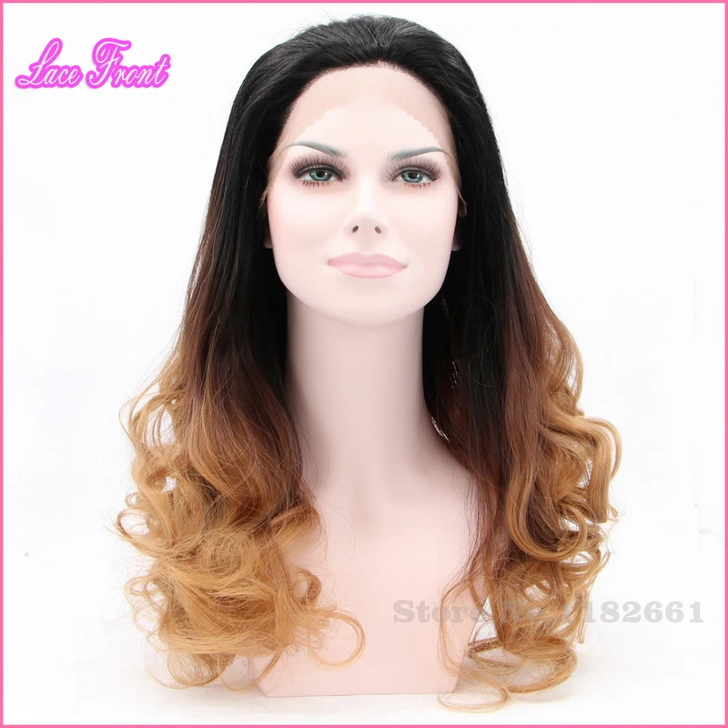 

Hot Sale High Quality Ombre Brown Black Roots Two Tone Synthetic Lace Front Wig Heat Resistant For African American Women