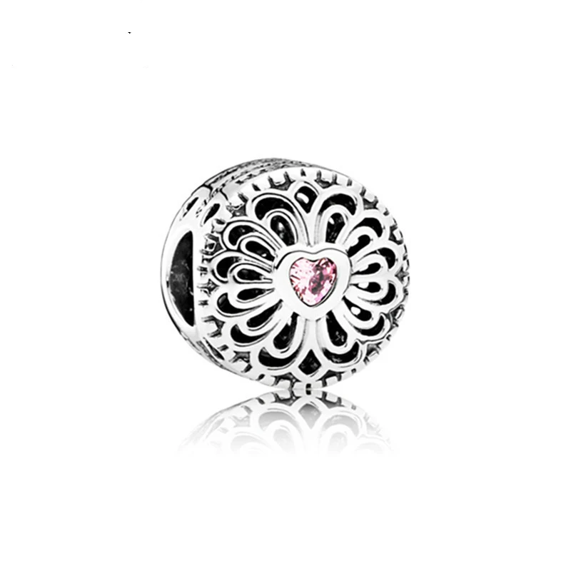 

5PCS Silver Plated Round Pink Heart Crystal Hollow Patter Big Hole Bead Fit Pandora Women Bracelets&Bangles Making DIY Wholesale